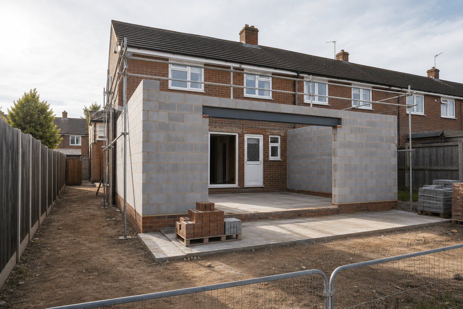 A semi-detached house under construction with an extension featuring grey block walls and a partially built roof.