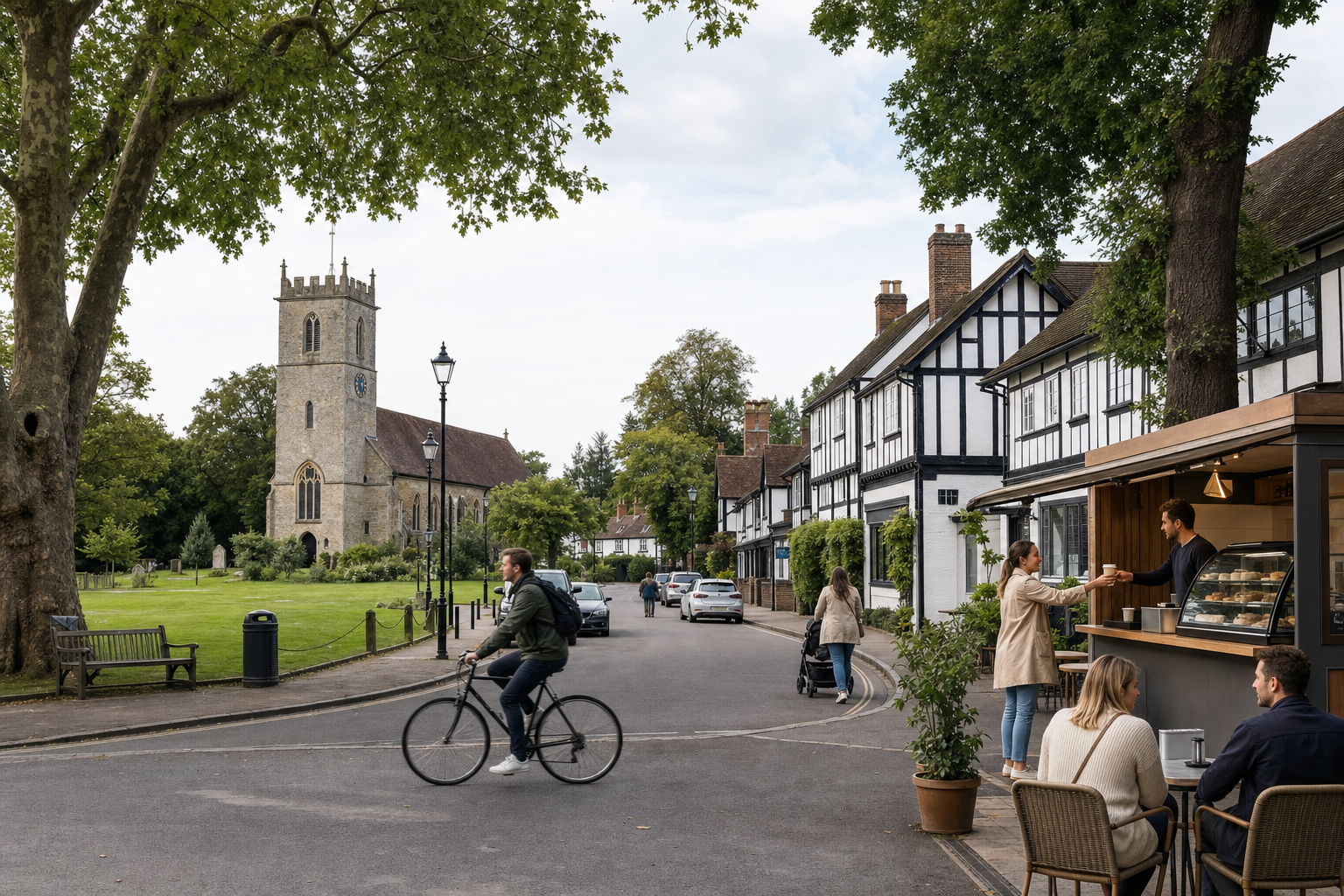 Cobbled street with a cyclist, coffee kiosk, and a historic church in a quaint English village setting.