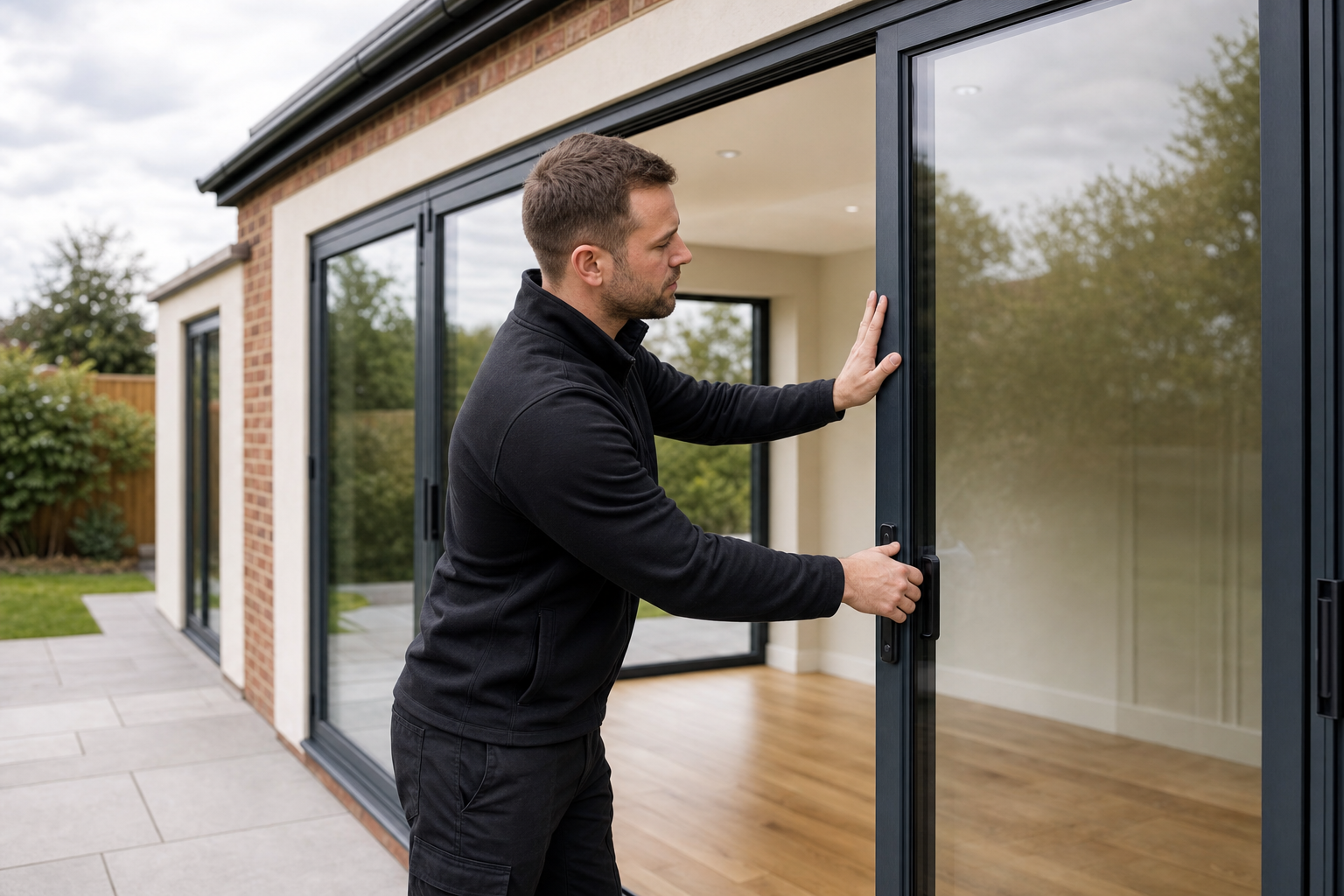 A man in black adjusts a large glass sliding door on a patio.