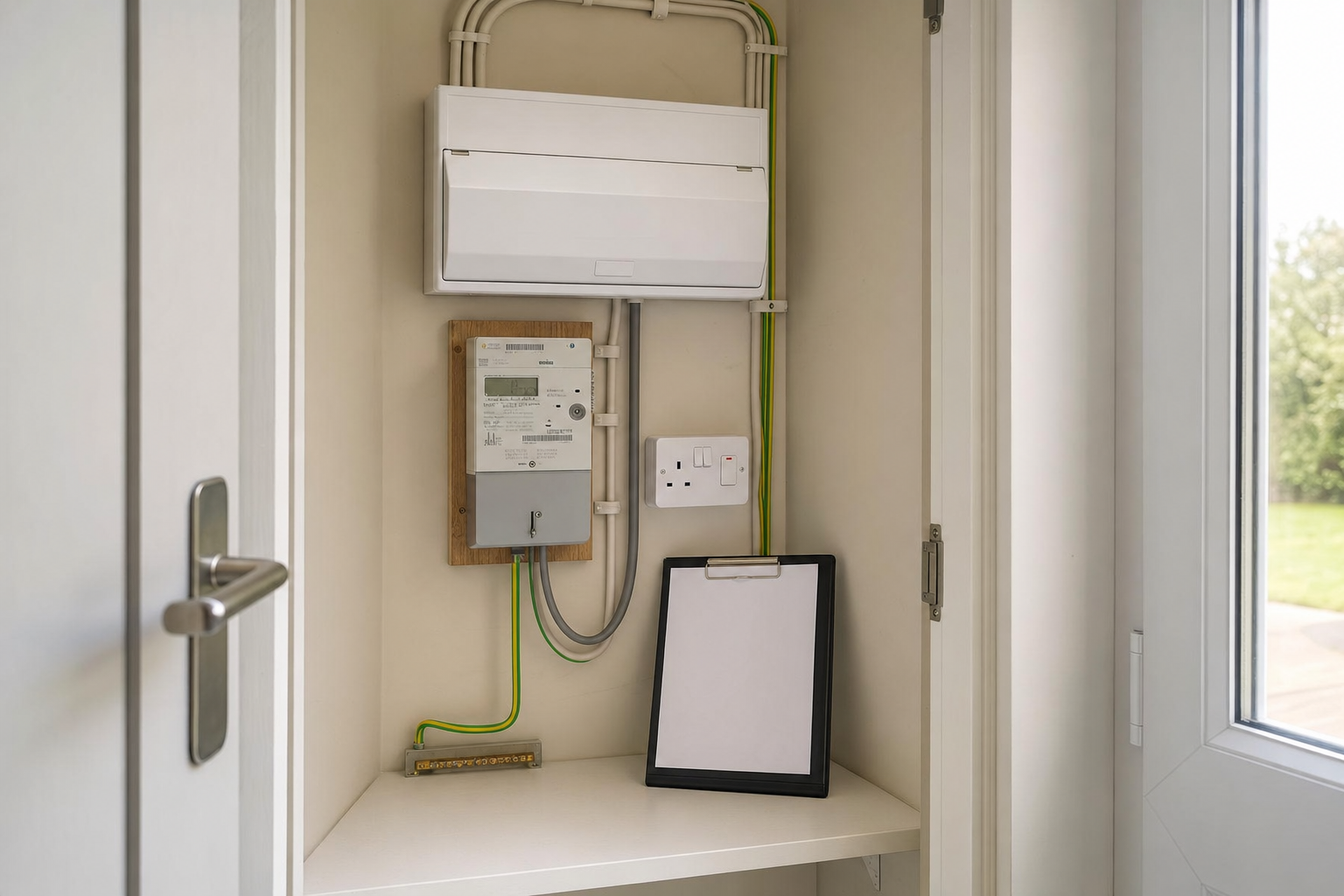 Electrical meter and fuse box in a cupboard with a clipboard on the shelf.