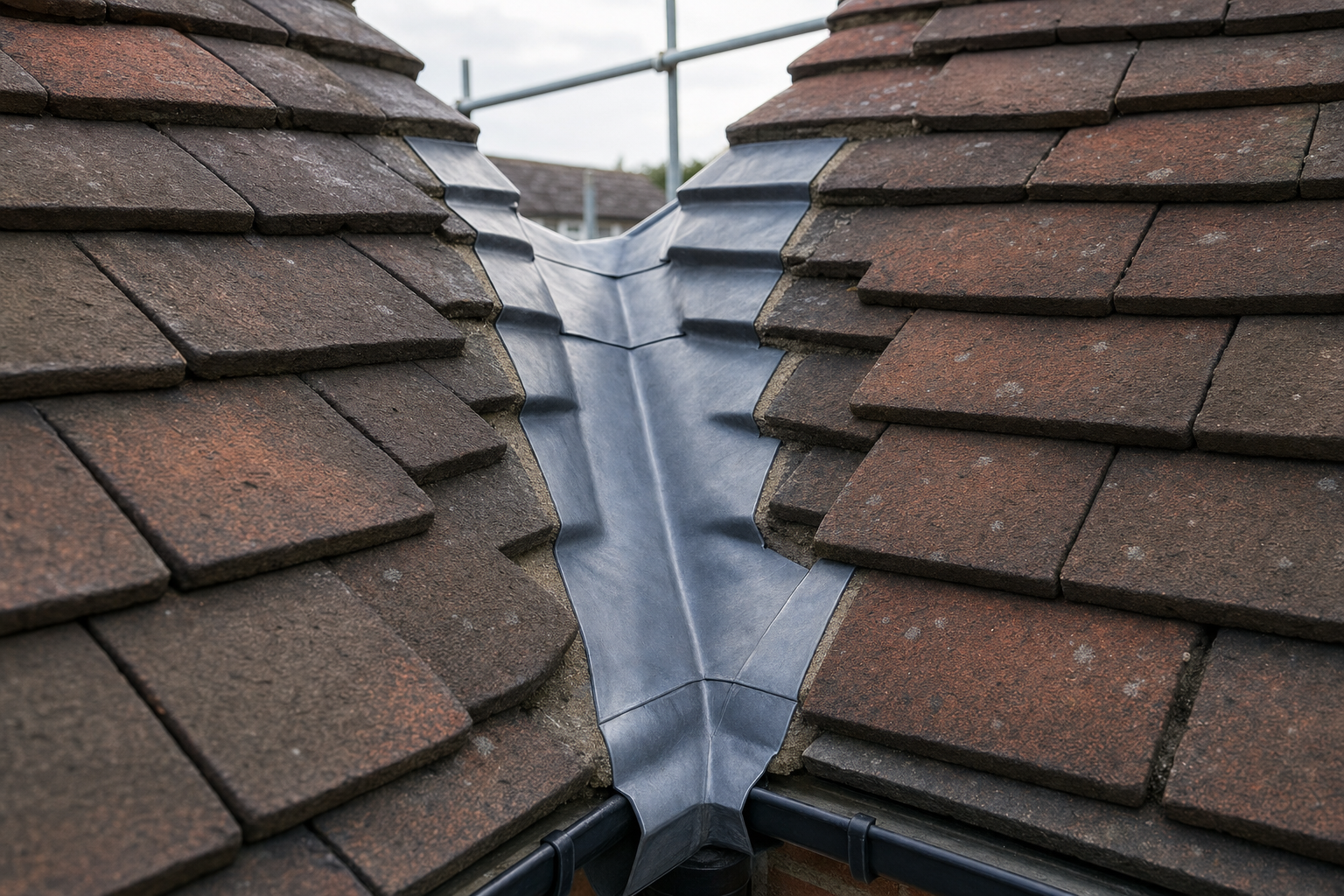 A V-shaped lead valley between two pitched roofs with reddish-brown tiles.