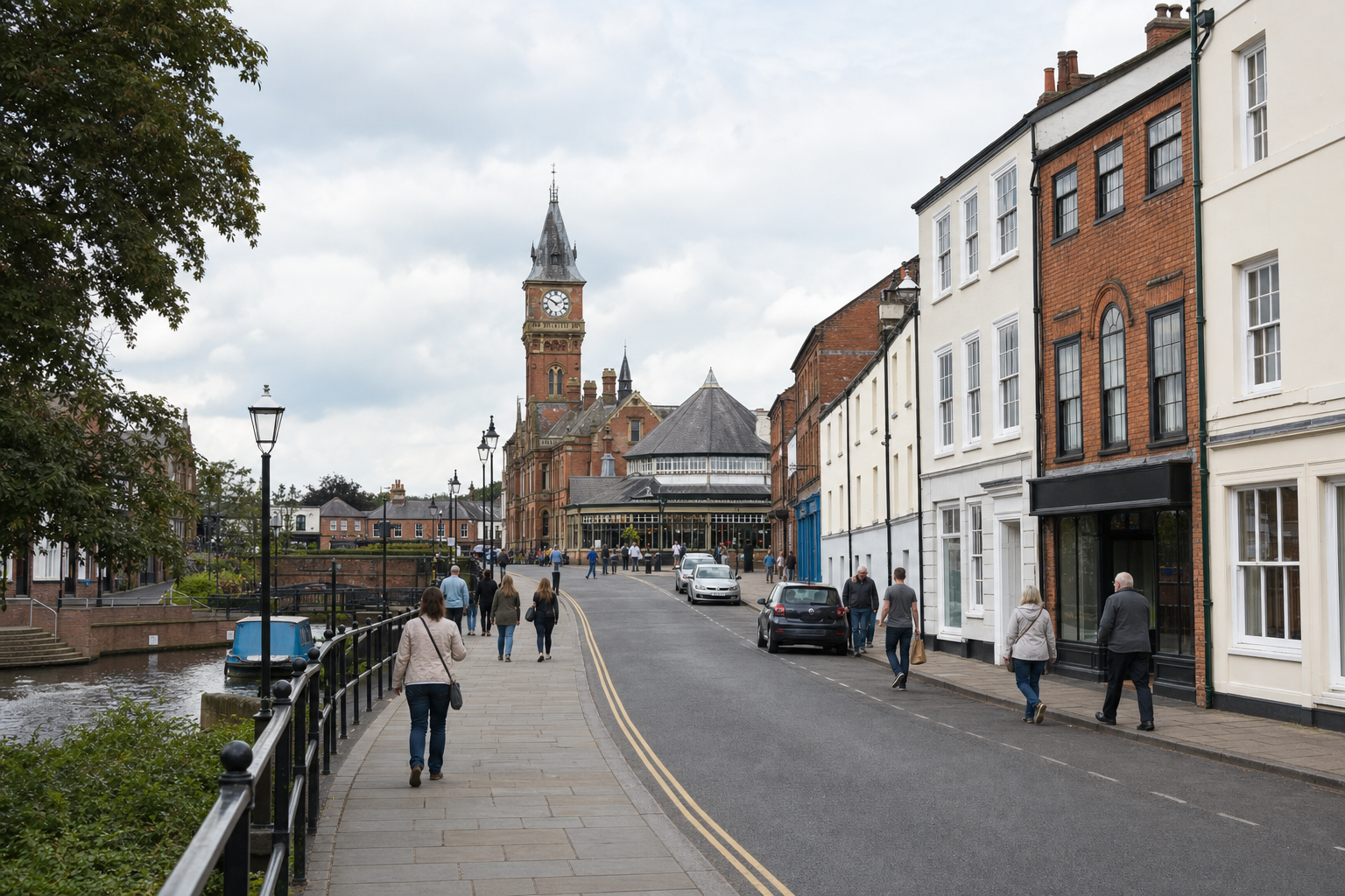Street scene with people walking alongside a historic building and clock tower near a canal.
