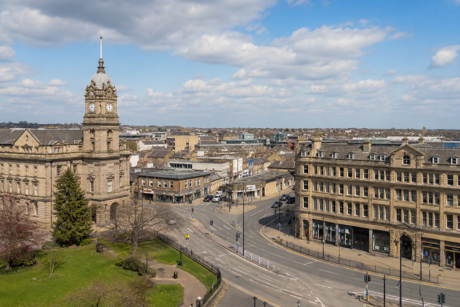 Urban scene with historic buildings and clock tower under a partly cloudy sky in a bustling city.