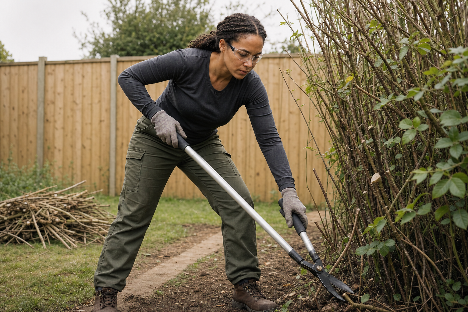 A woman wearing gloves and safety glasses trims a bush with loppers in a garden.