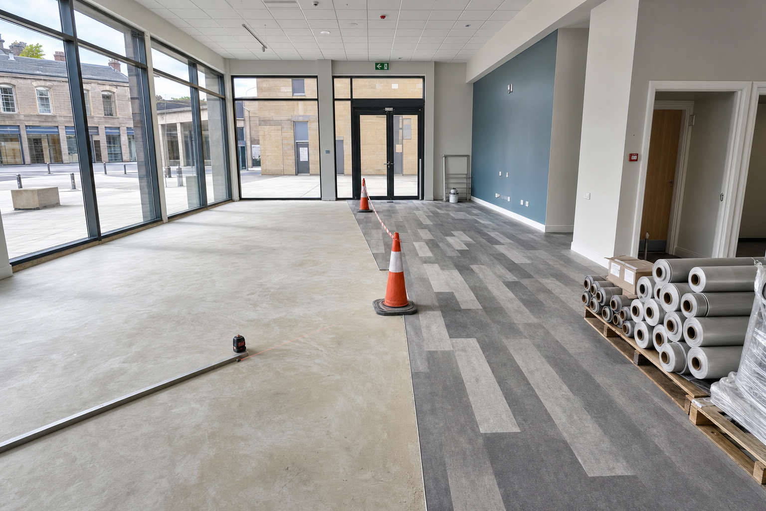 Modern interior with partially installed vinyl flooring, cones marking the area, and large windows overlooking a plaza.