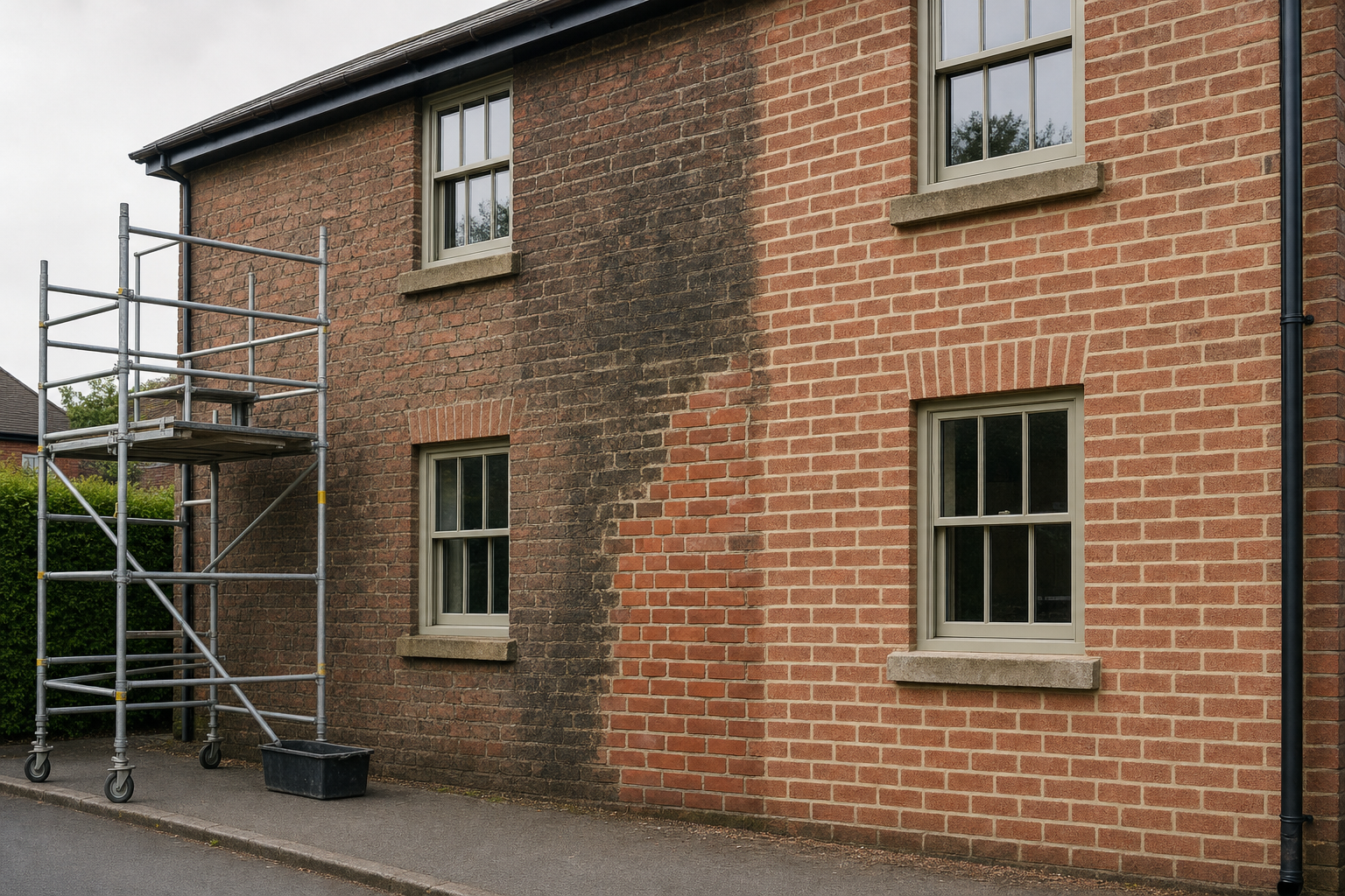 Scaffolding is set up against a brick building undergoing partial cleaning, highlighting the contrast between dirty and clean sections.