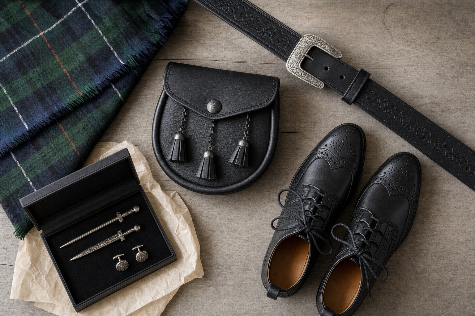 Scottish dress accessories including a tartan fabric, leather sporran, belt, brogues, and a sgian dubh set with cufflinks.