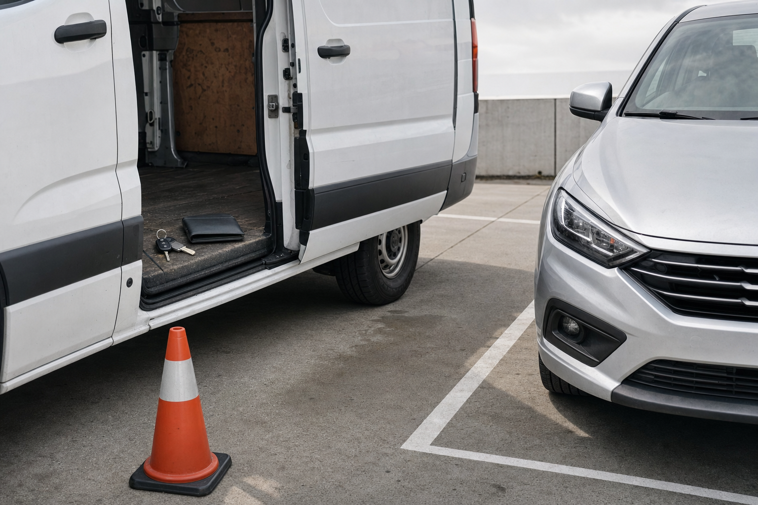 A white van with an open door revealing keys and a wallet on the step next to an orange traffic cone in a car park.