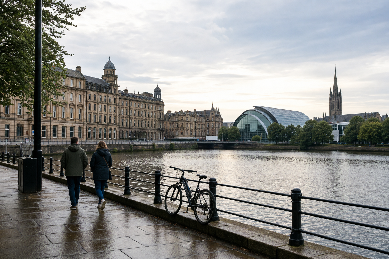 Two people walk along a riverside path with historic and modern buildings in the background.