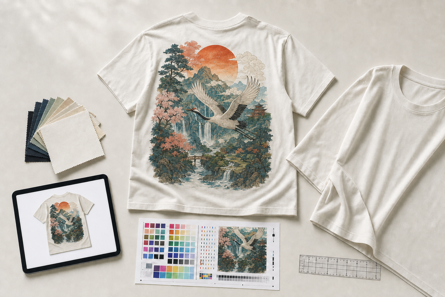 Beige T-shirt with a crane and nature scene design, accompanied by fabric swatches, a tablet display, and colour palettes.