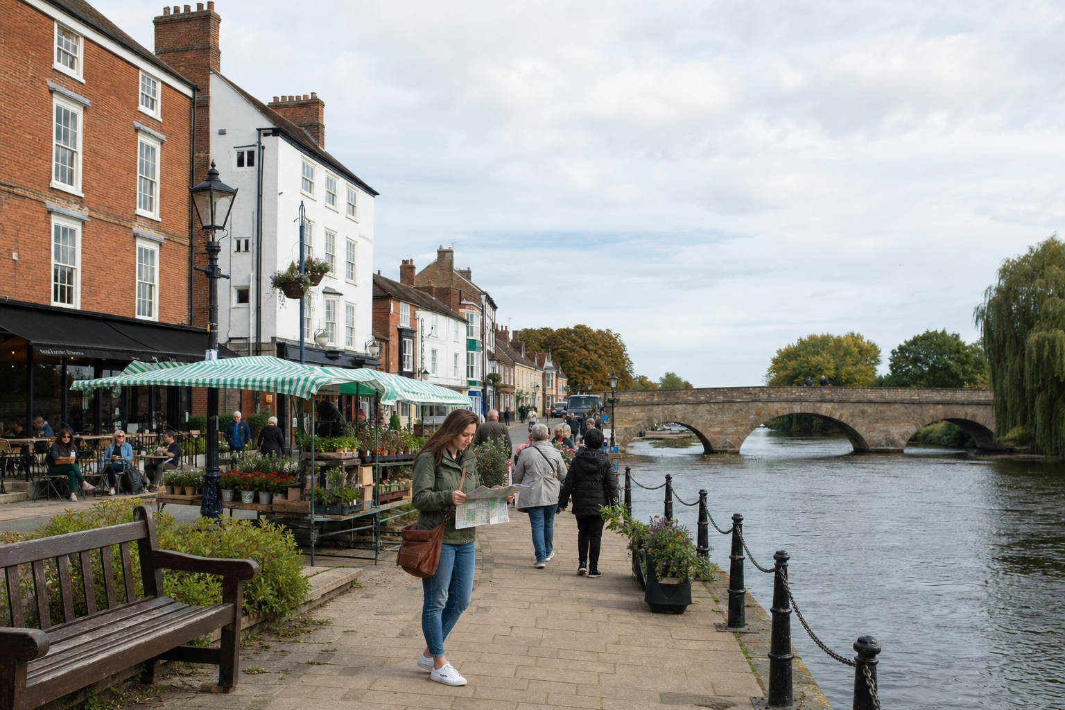 A woman reads a map on a riverside path near a market and historic stone bridge on a cloudy day.