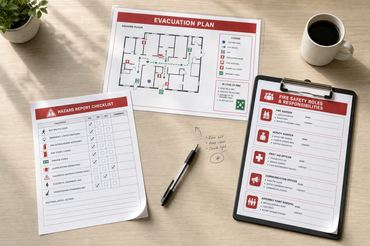 A table with fire safety documents, a pen, and a cup of coffee, including an evacuation plan and hazard report checklist.