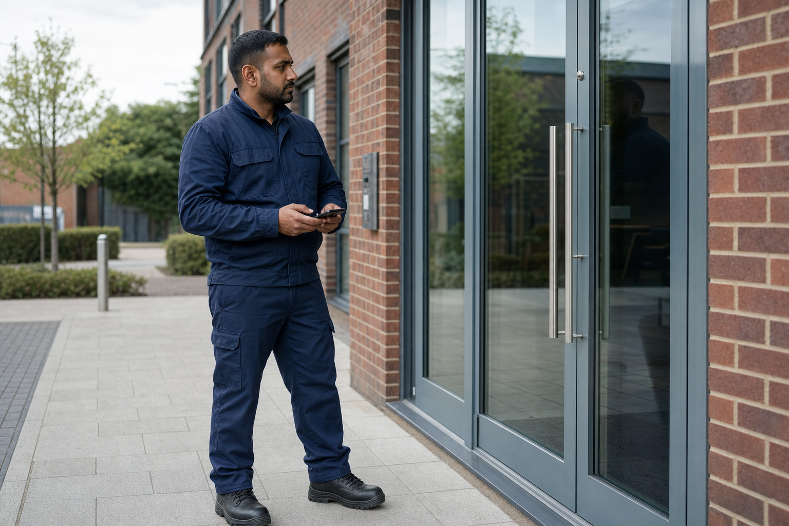 Man in blue uniform holding a phone, standing outside a modern glass-door building.