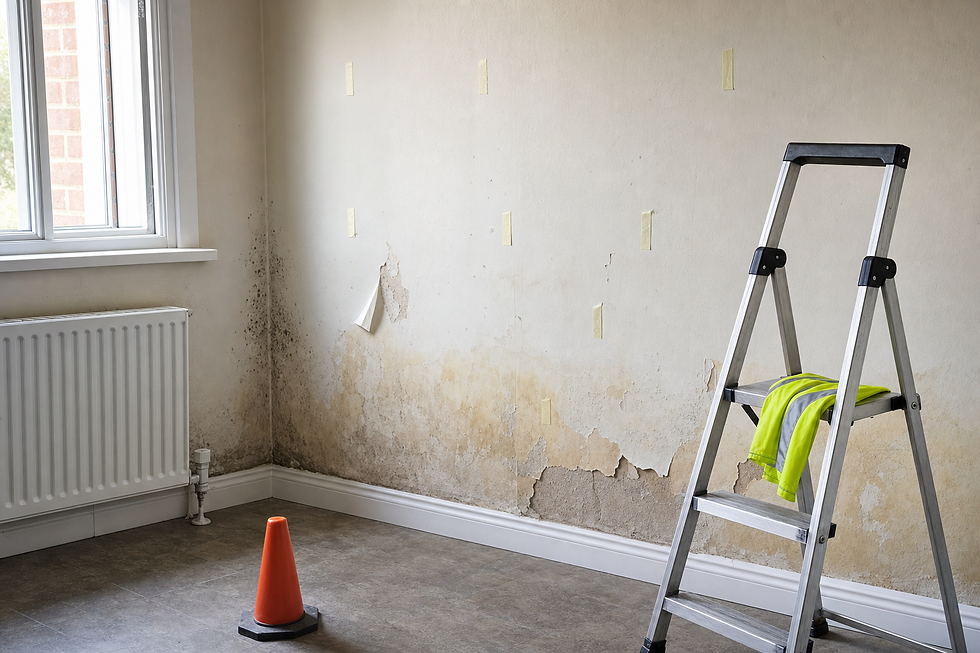 A damaged wall with visible mould and paint peeling next to a step ladder with a high-vis jacket and a traffic cone.