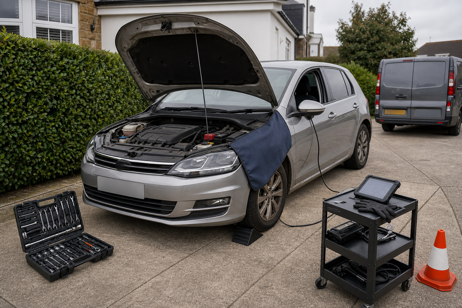 Silver car with hood open for maintenance, surrounded by tools and diagnostic equipment on a driveway.