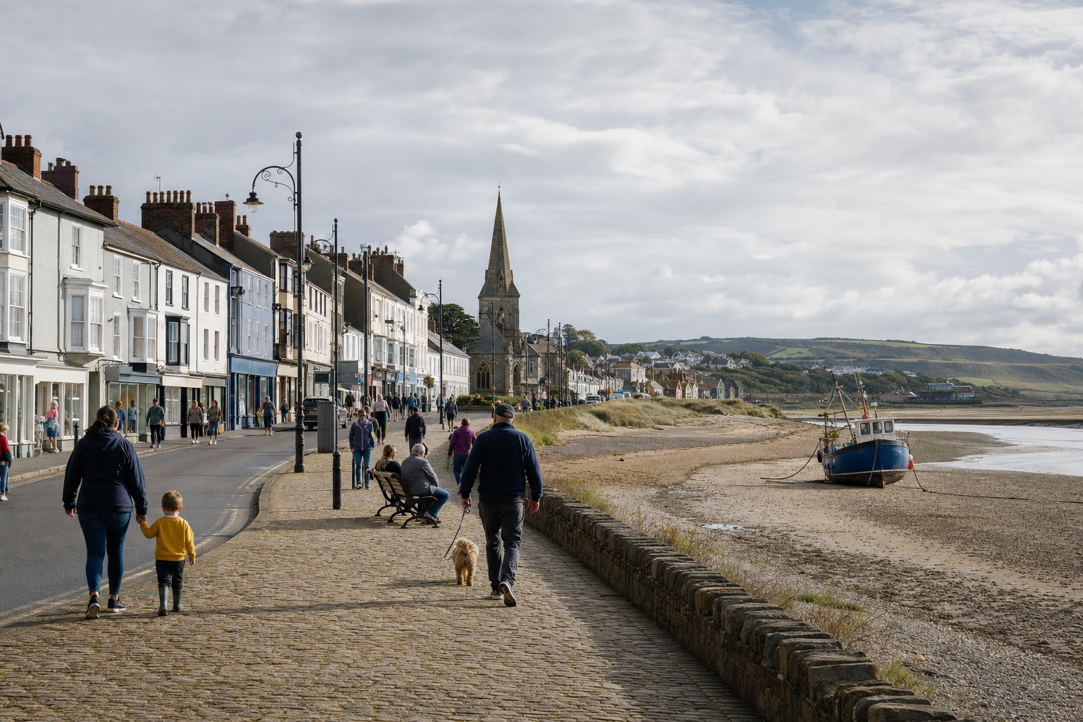 Seaside promenade with people walking, a beached boat on the sand, and a church spire in the background.
