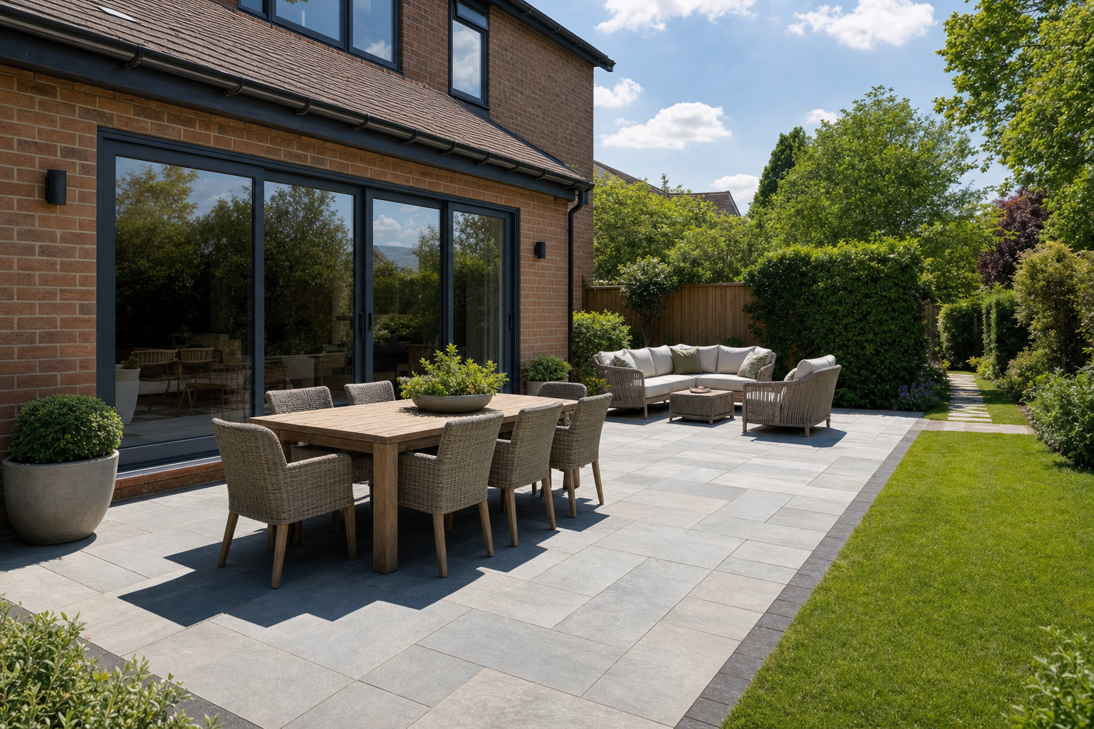 Modern patio with outdoor dining and seating areas, surrounded by greenery under a clear blue sky.