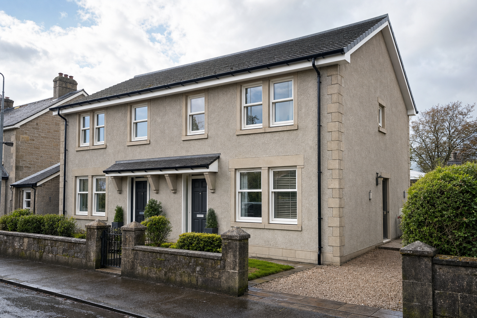 A semi-detached house with a symmetrical facade, situated on a residential street with overcast skies.
