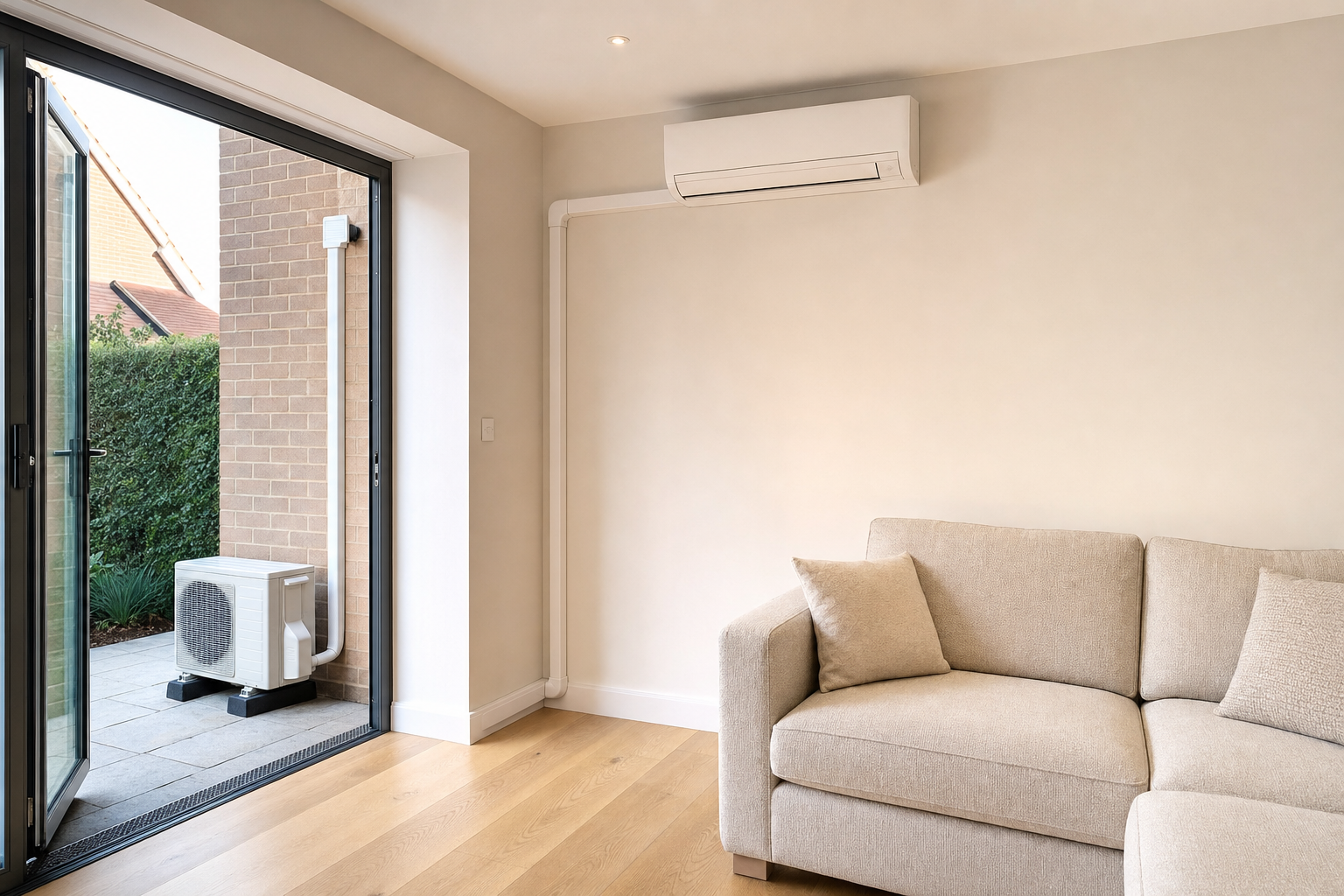 A modern lounge with a beige sofa, wall-mounted air conditioner, and open doors leading to an outdoor air conditioning unit.