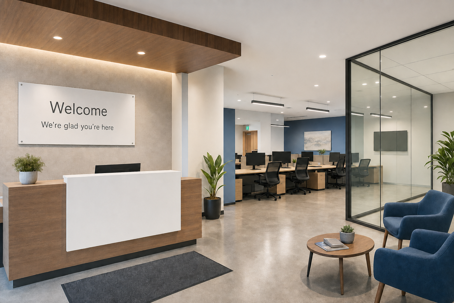 Modern office reception area with a welcome sign, plants, and open workspace in the background.