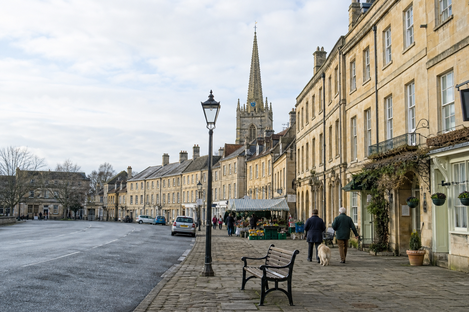 A quiet street with Georgian buildings and a market stall, leading to a church spire in the distance.