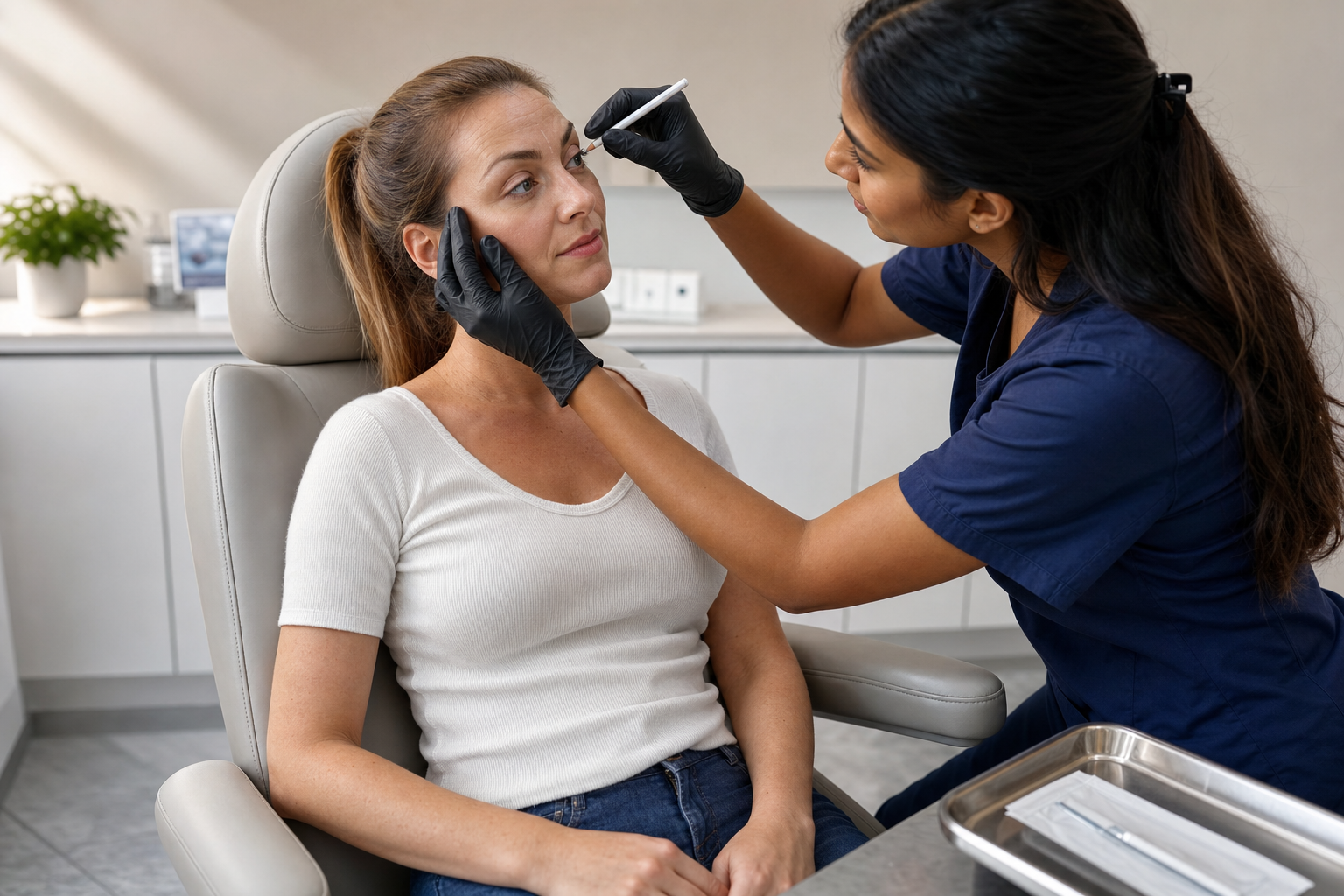 A beautician wearing gloves applies a treatment near a woman's eye in a clinic setting.