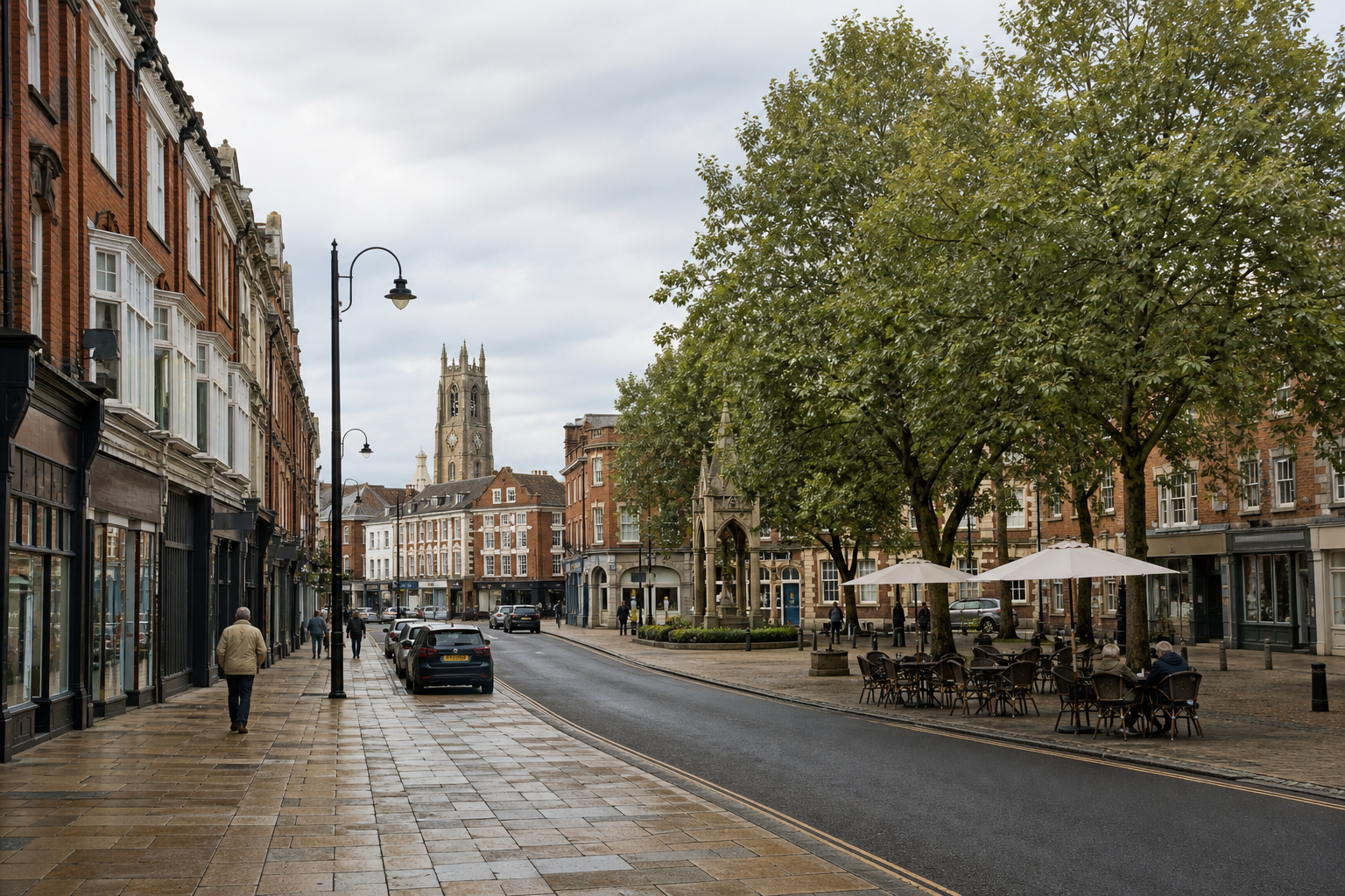 A historic street with red-brick buildings, a distant clock tower, and café tables under parasols on a cloudy day.