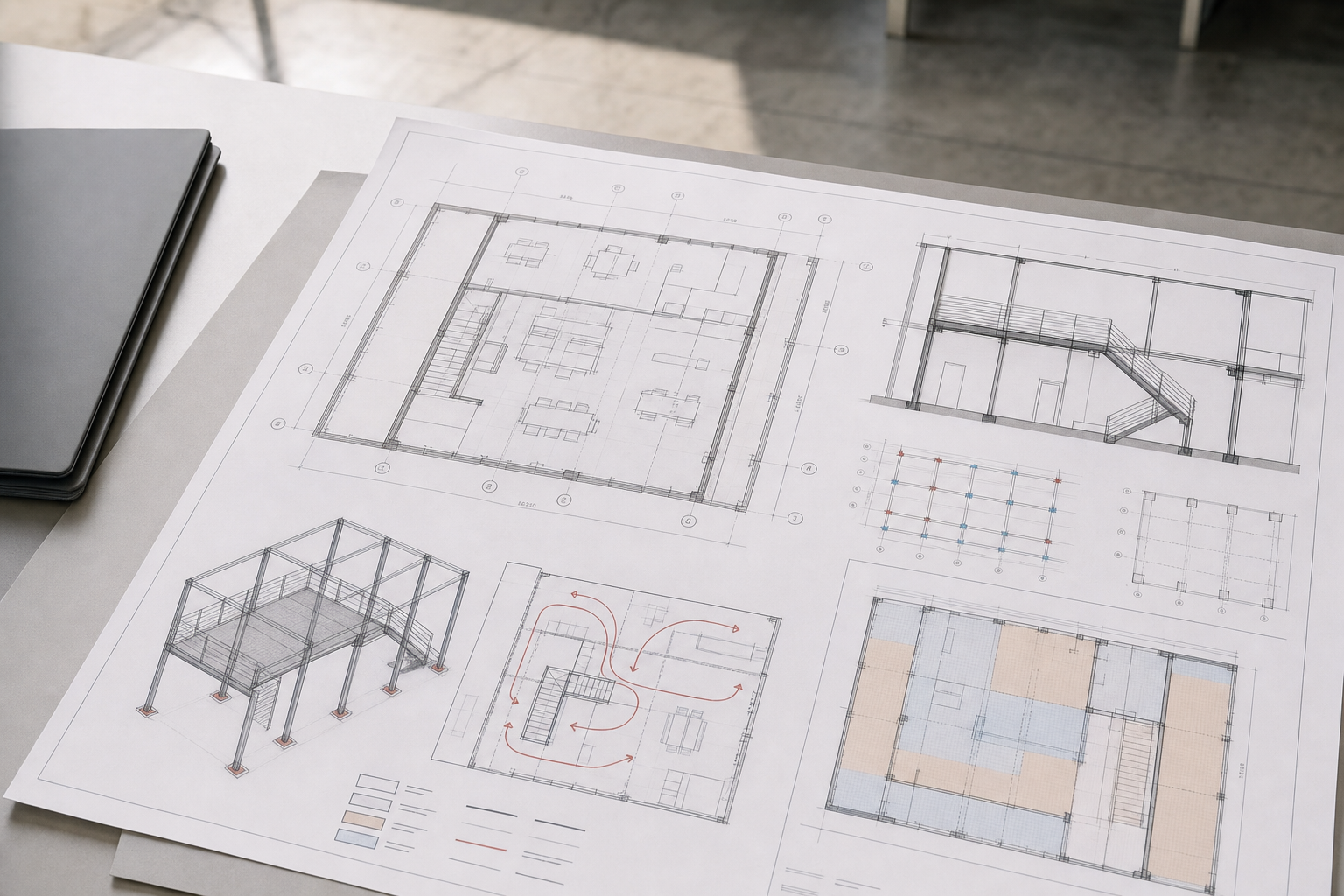 Architectural floor plan on a desk alongside a closed notebook in a well-lit room.