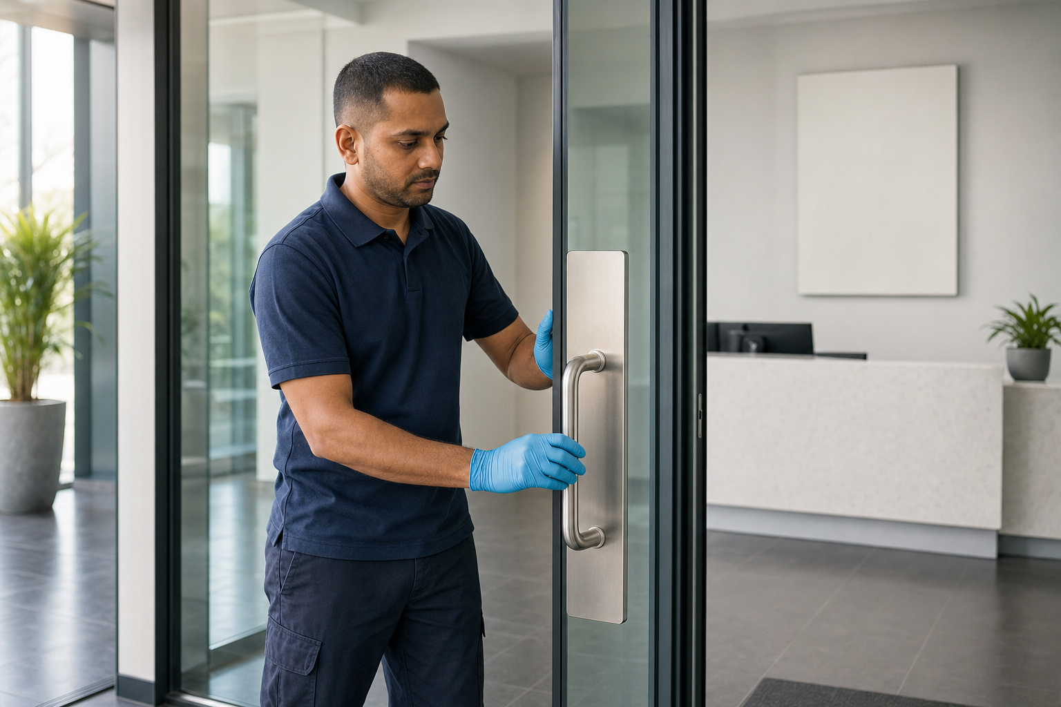 Man wearing blue gloves opens a glass door in a modern office reception area.