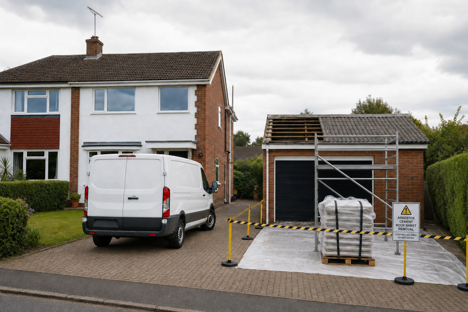 White van parked beside a house with construction scaffolding for asbestos roof removal.