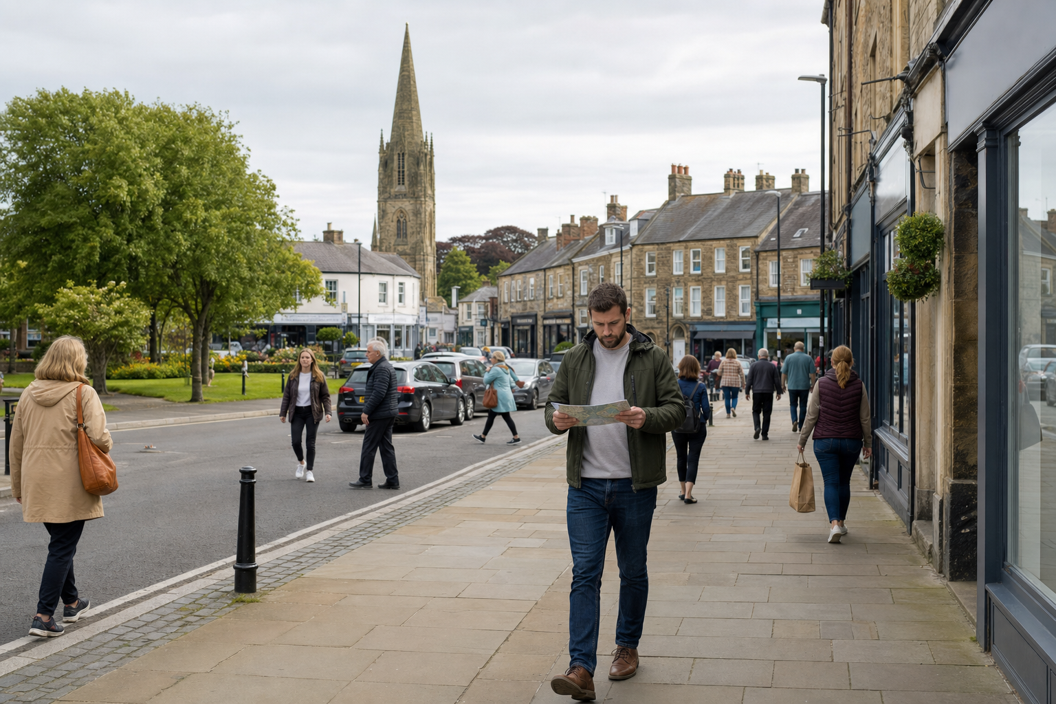 A man reads a map while walking down a busy street with a church and historic buildings in the background.