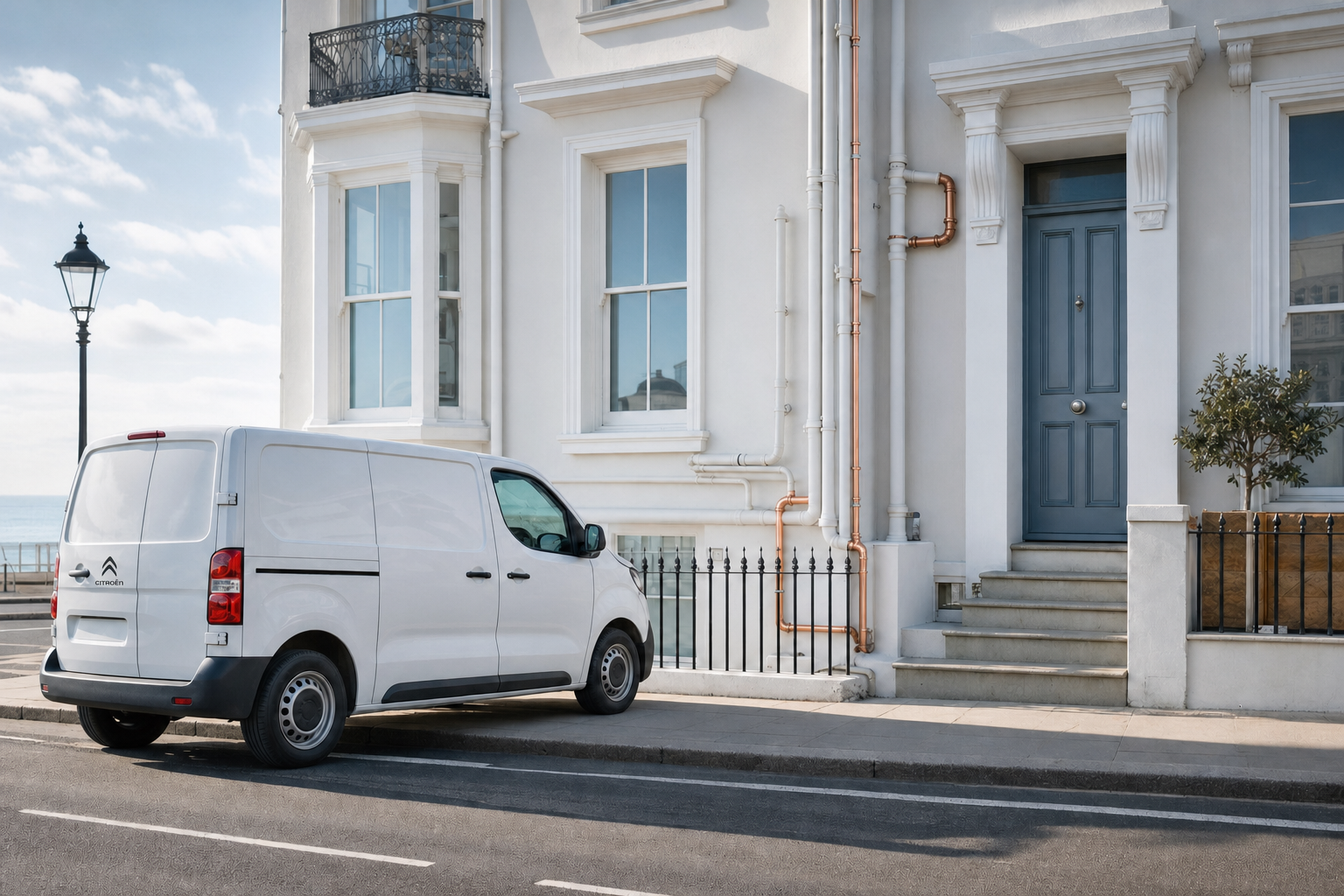 A white van parked on the street near a white townhouse with a blue door and black railing.