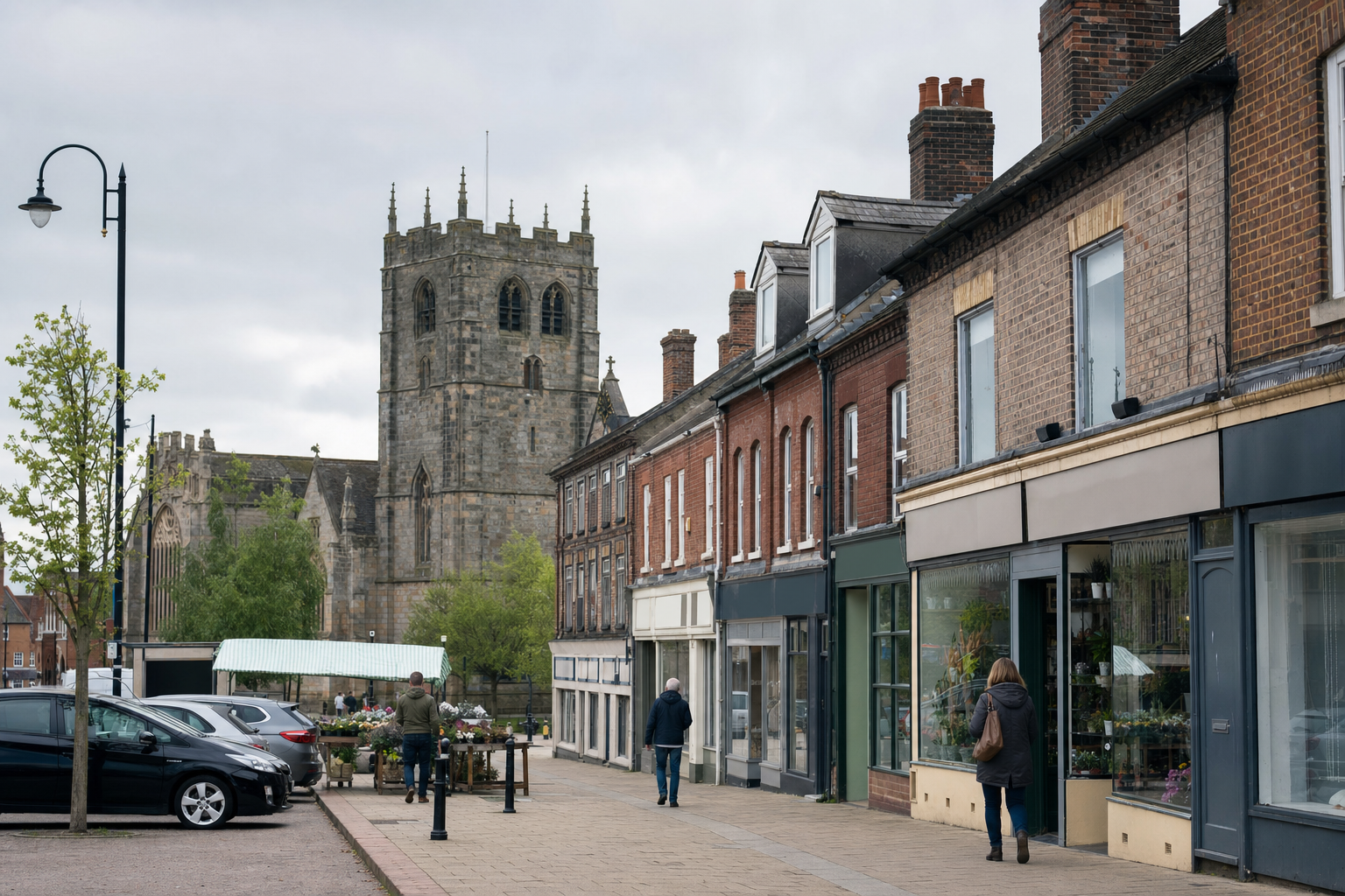 A quaint British street with people shopping, parked cars, and a historic stone church tower in the background.