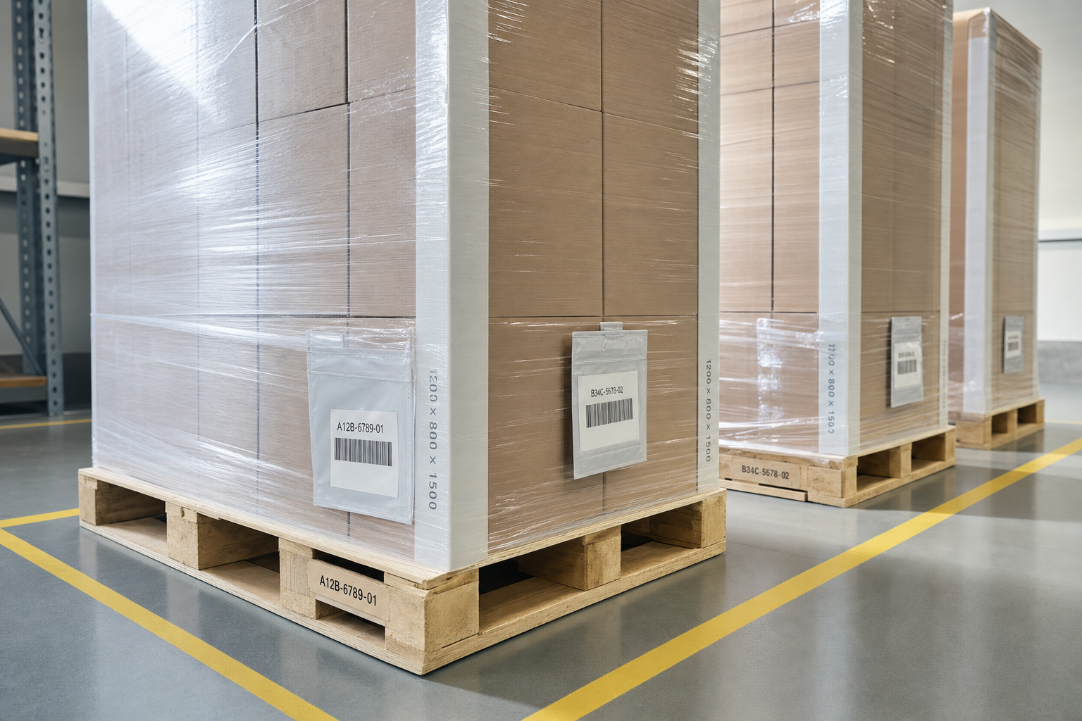 Stacked pallets wrapped in plastic film with barcodes in a warehouse setting.