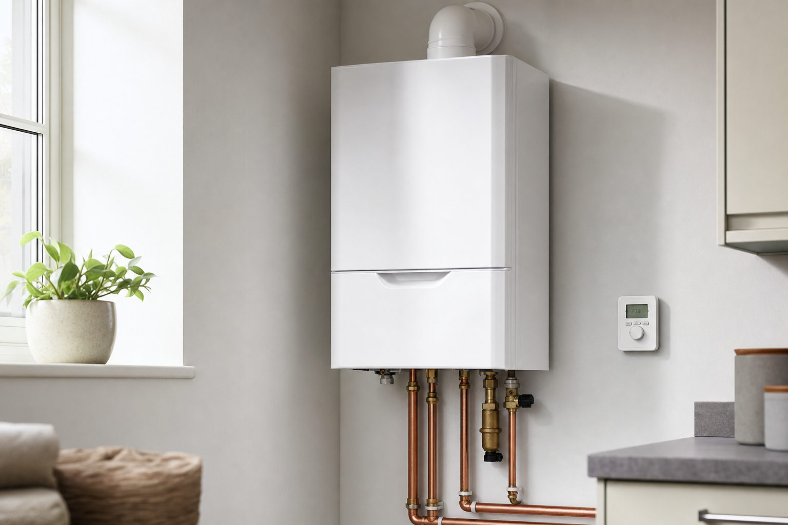 A modern white boiler with copper pipes and a digital thermostat mounted on a wall in a bright kitchen.