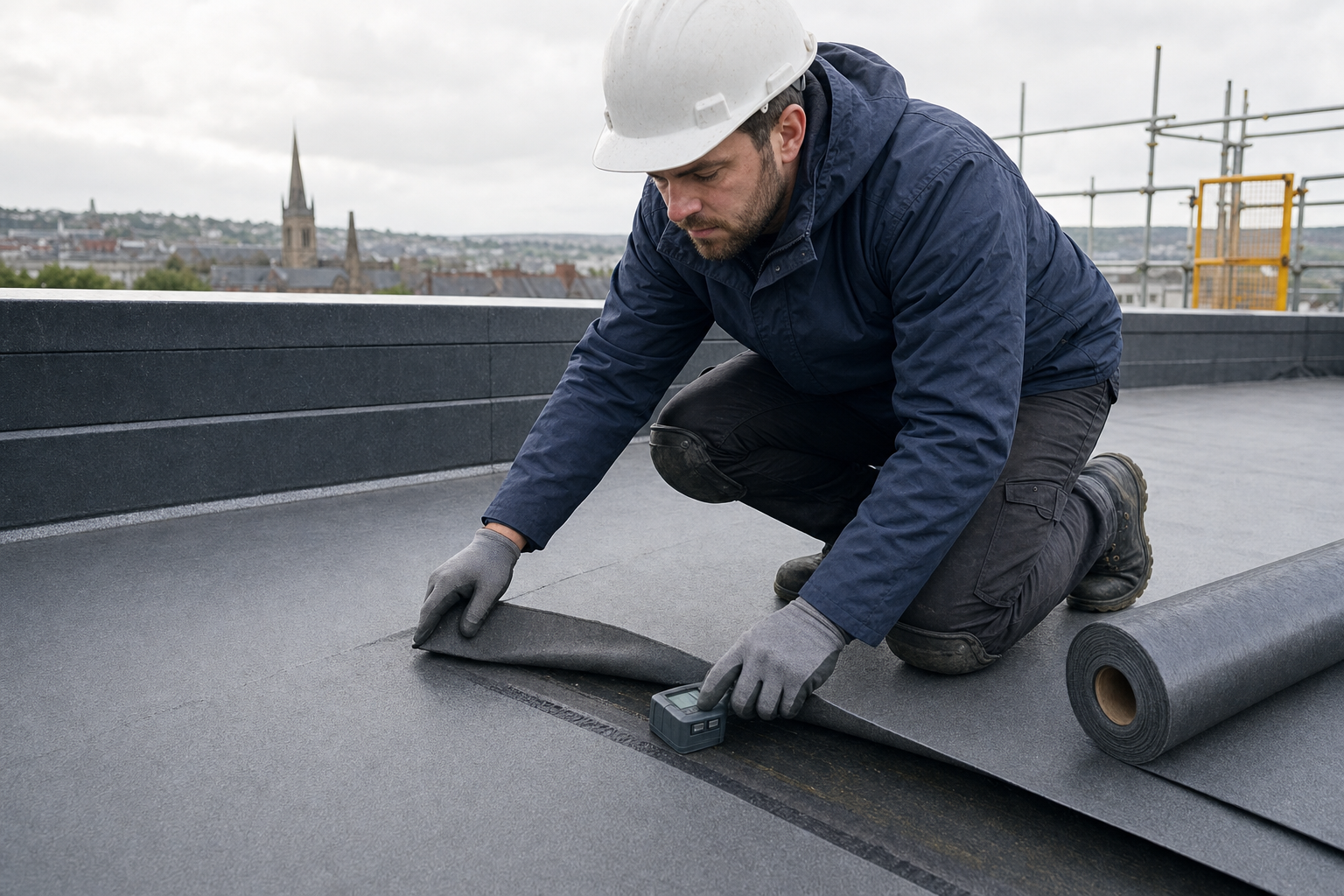 Worker in protective gear installing roofing material on a flat rooftop with a cityscape in the background.