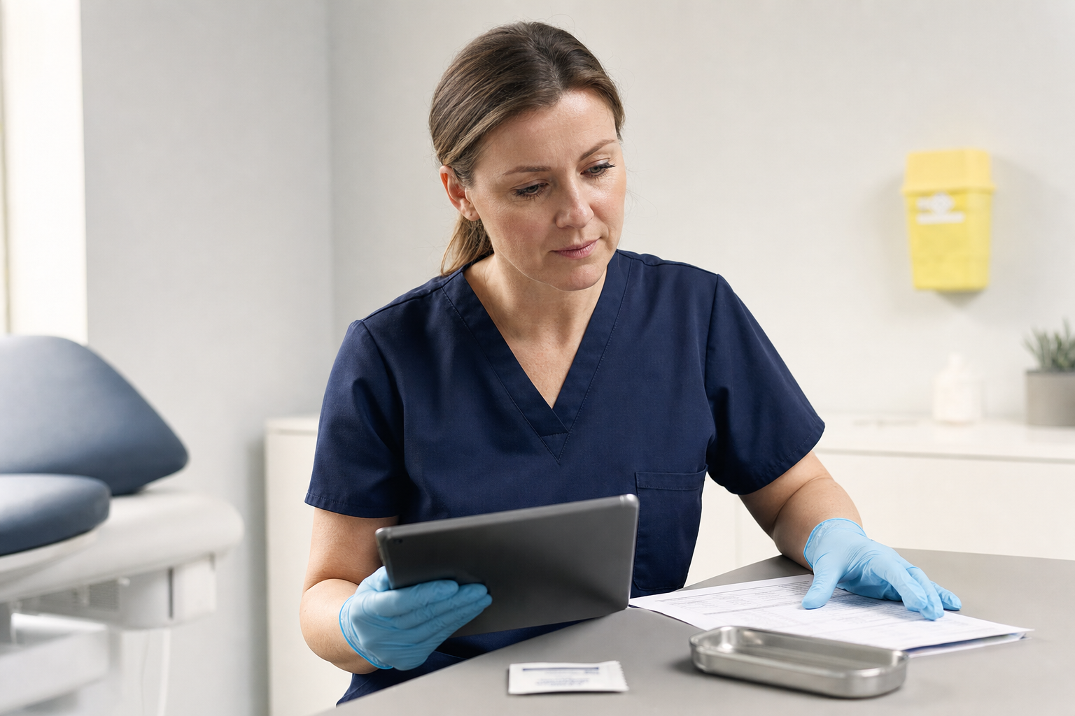 Healthcare professional in blue scrubs and gloves reviews a tablet and documents in a clinical setting.
