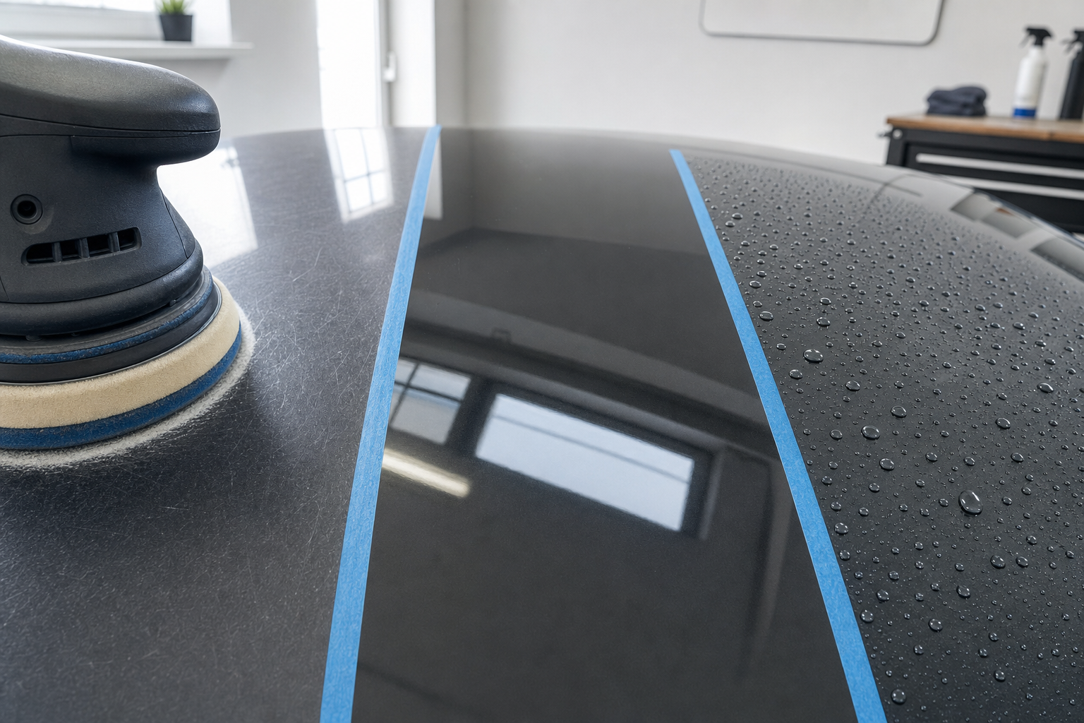 Car bonnet partially polished and taped, demonstrating water beading on untreated surface and gloss on polished area.