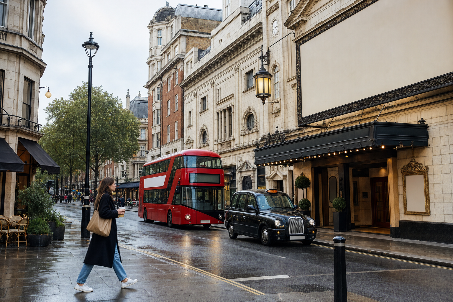 A red double-decker bus and black taxi on a wet street, with a woman crossing and historic buildings in the background.