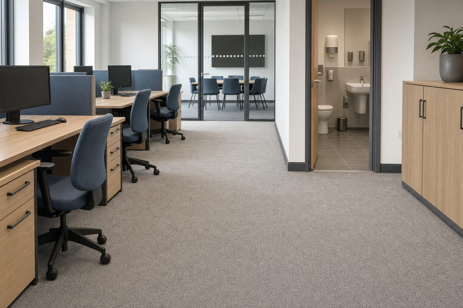 Modern open-plan office with desks, chairs, and computers, adjacent to a meeting room and restroom.