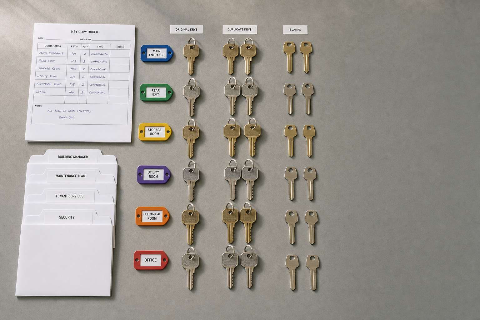 Organised collection of keys with labels for different rooms, next to a key copy order form and labelled envelopes.
