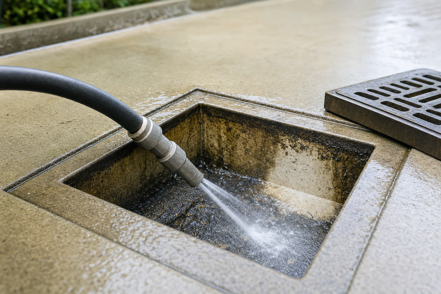 A hose sprays water into a square drainage pit on a wet concrete surface.