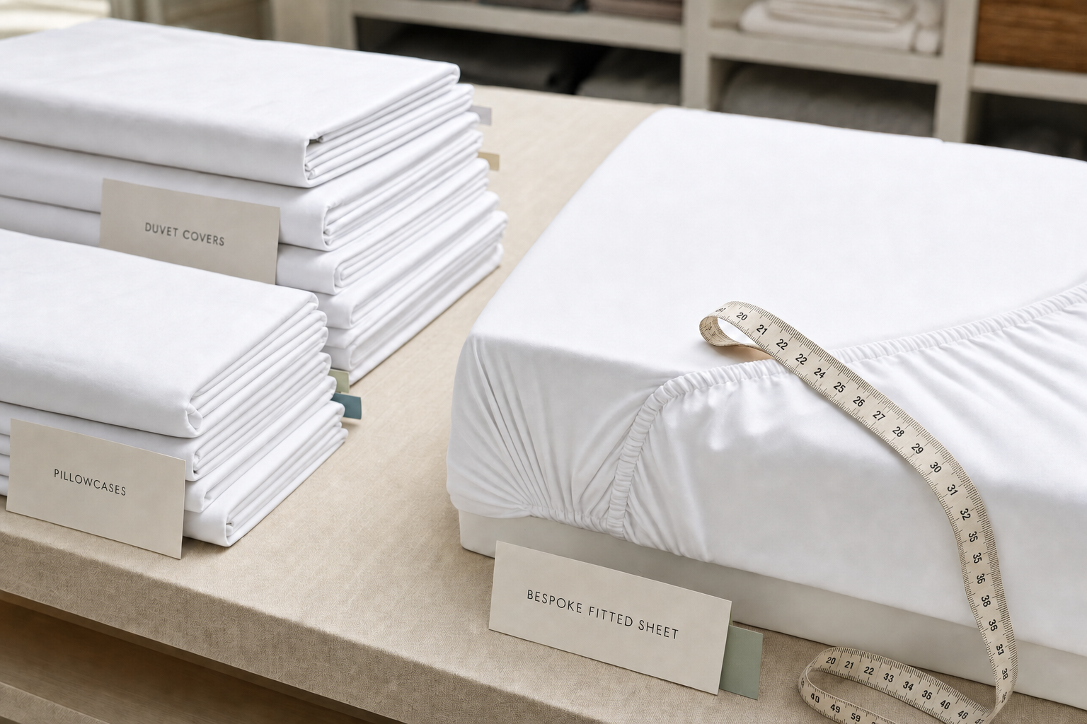 Neatly folded duvet covers and pillowcases beside a bespoke fitted sheet with a measuring tape.