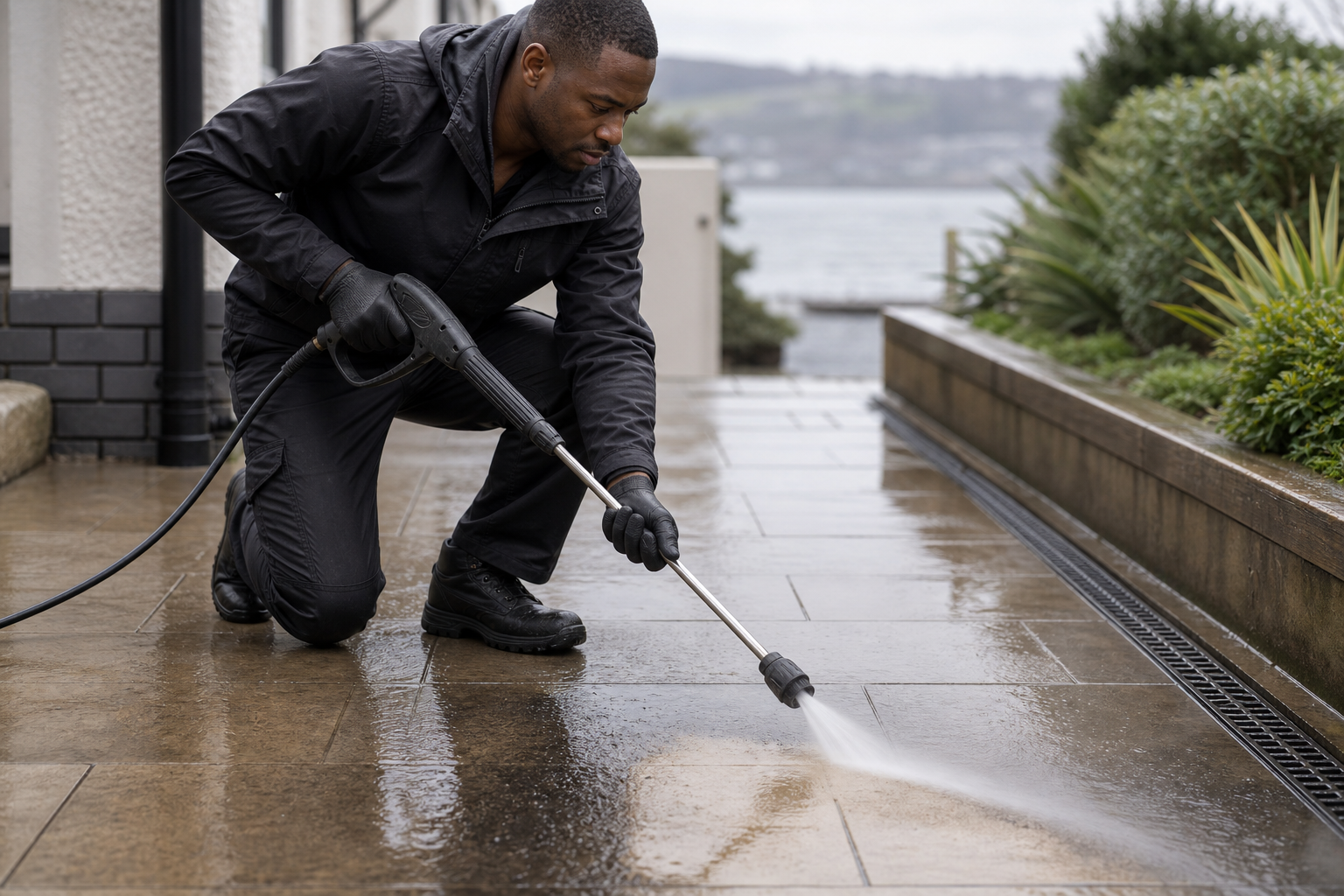 Man in black clothing pressure-washing a wet patio near a garden and overlooking a distant body of water.