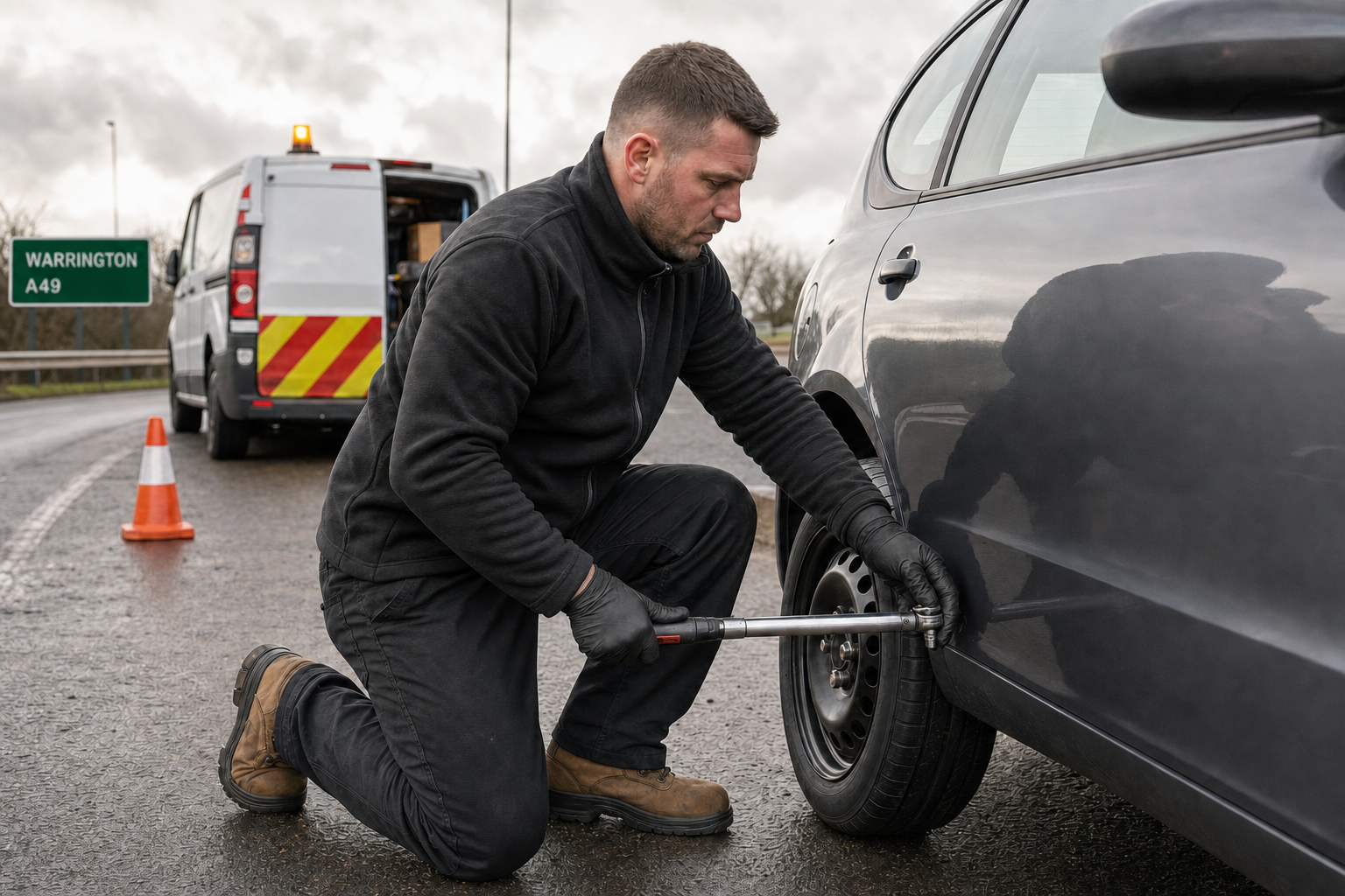 A mechanic changes a tyre on a roadside near a van and traffic cone.