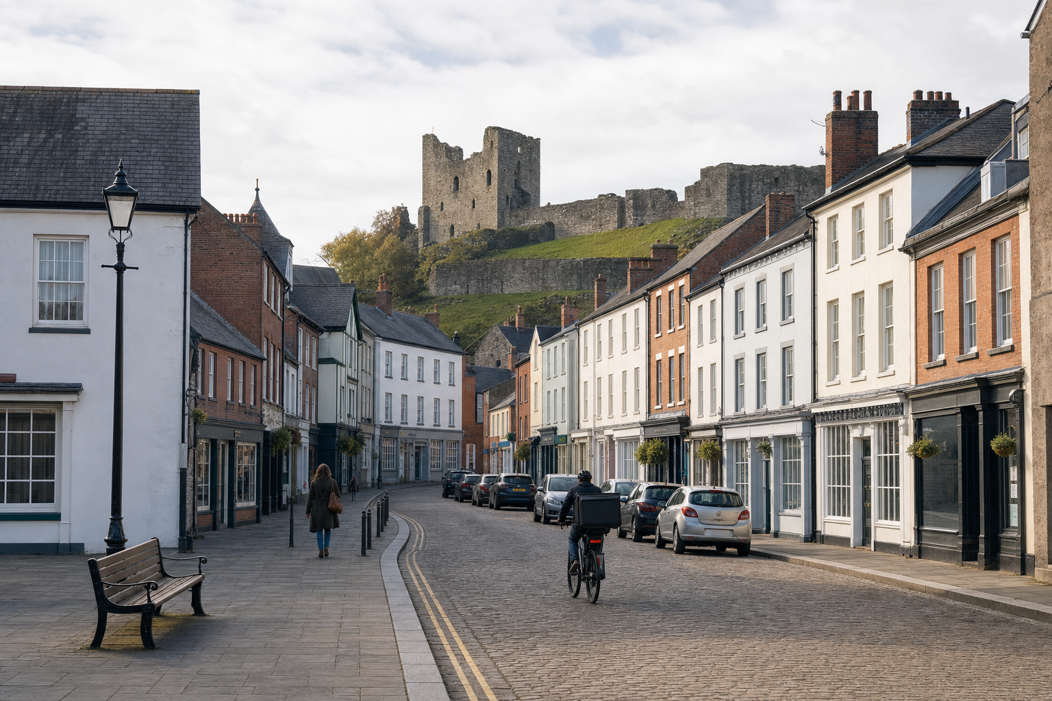 A cyclist rides down a cobbled street lined with historic buildings, with a medieval castle visible on the hill.