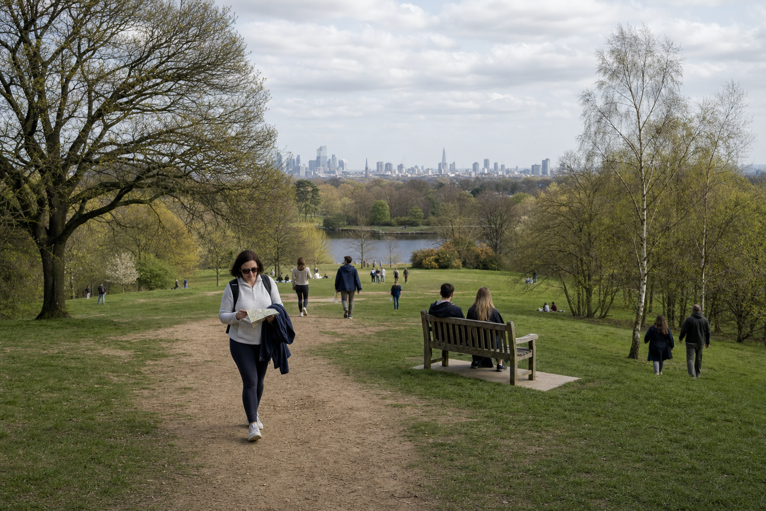 People walking and sitting in a park with trees and a distant city skyline under a cloudy sky.