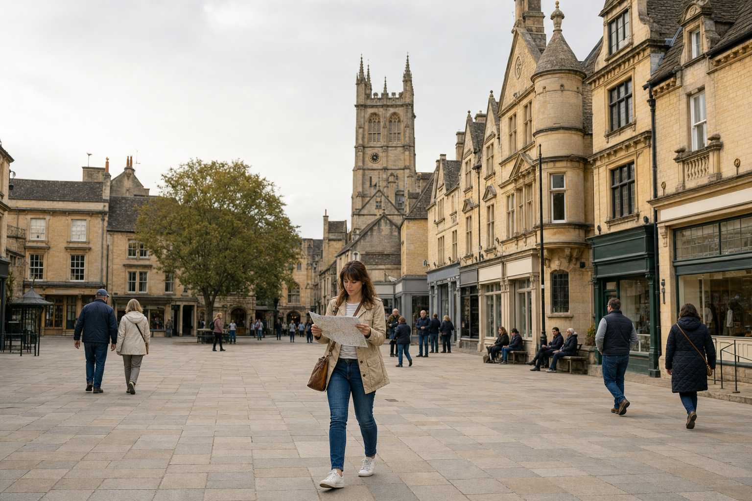 A woman reads a map in a picturesque town square surrounded by historic buildings and people walking.