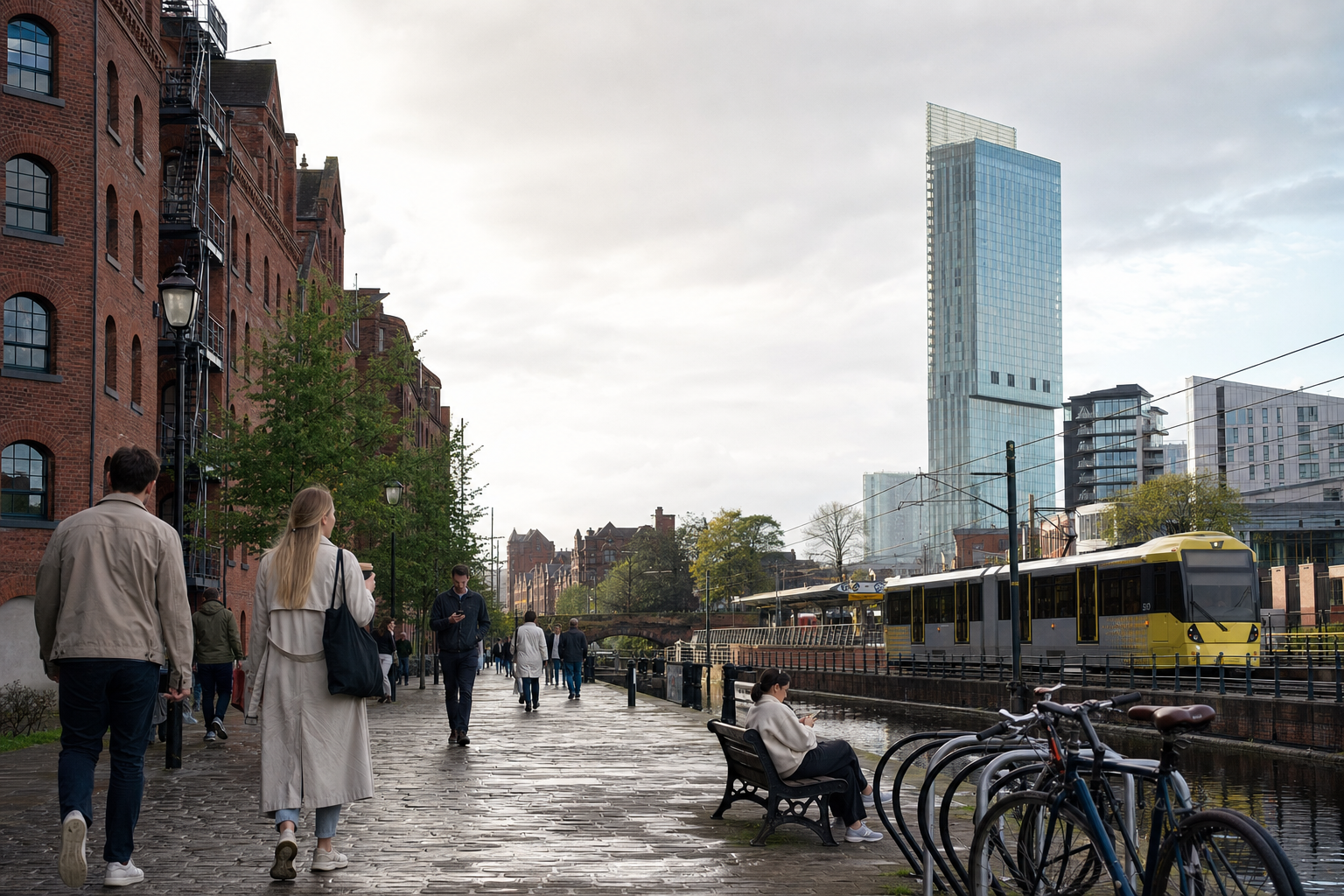 People walking along a canal-side walkway with a tram passing and a glass skyscraper in the background.