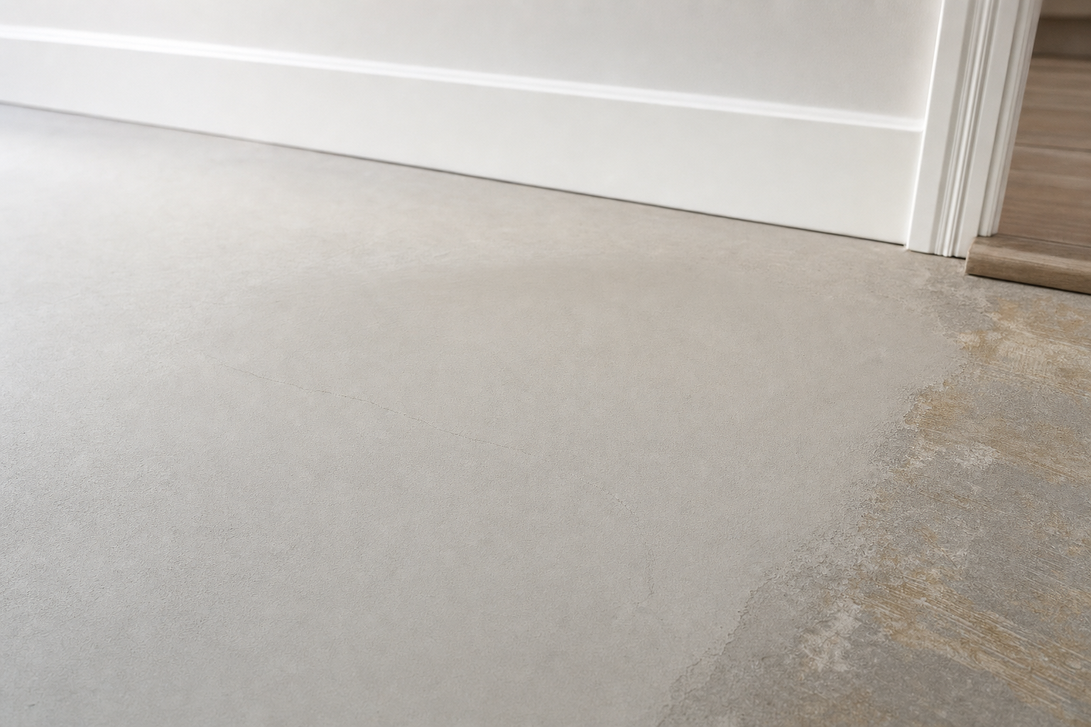 A light grey concrete floor meets a wooden floor at the doorway with a white baseboard.
